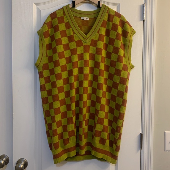 Saint Geraldine Free People Checkered Sweater Vest Mini Dress Lime Rust Preppy - Picture 3 of 3